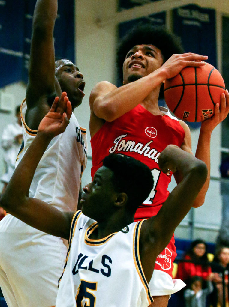 Marysville Pilchuck defeated Everett, 65-35, Friday evening at Everett High School in Everett on February 7, 2020. (Kevin Clark / The Herald)
