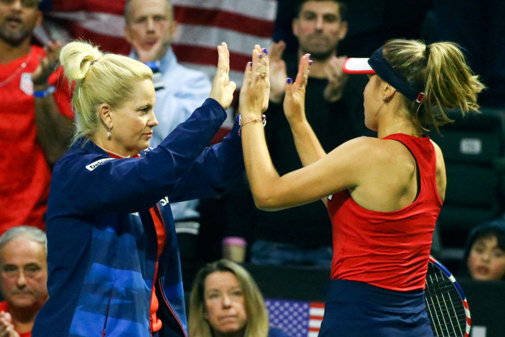 FedCup 2020 qualifying match Saturday evening at Angel of the Winds Arena in Everett on February 8, 2020. (Kevin Clark / The Herald)
