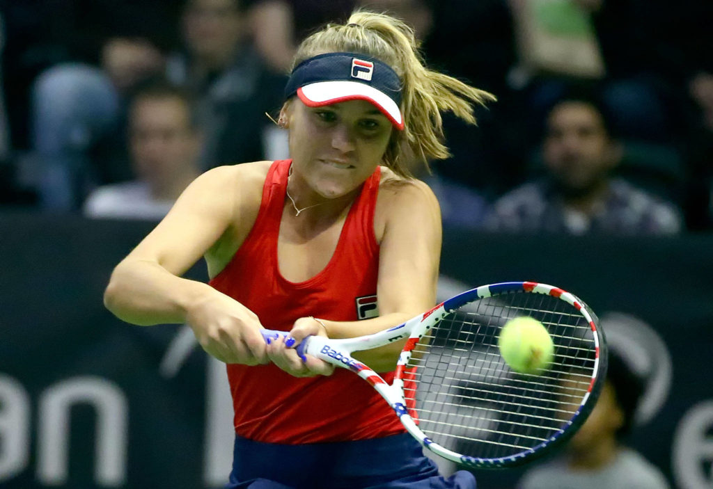 FedCup 2020 qualifying match Saturday evening at Angel of the Winds Arena in Everett on February 8, 2020. (Kevin Clark / The Herald)
