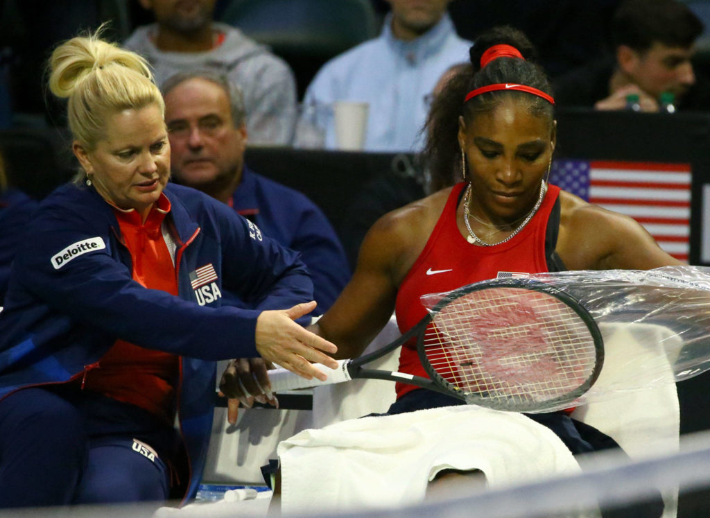 FedCup 2020 qualifying match Saturday evening at Angel of the Winds Arena in Everett on February 8, 2020. (Kevin Clark / The Herald)
