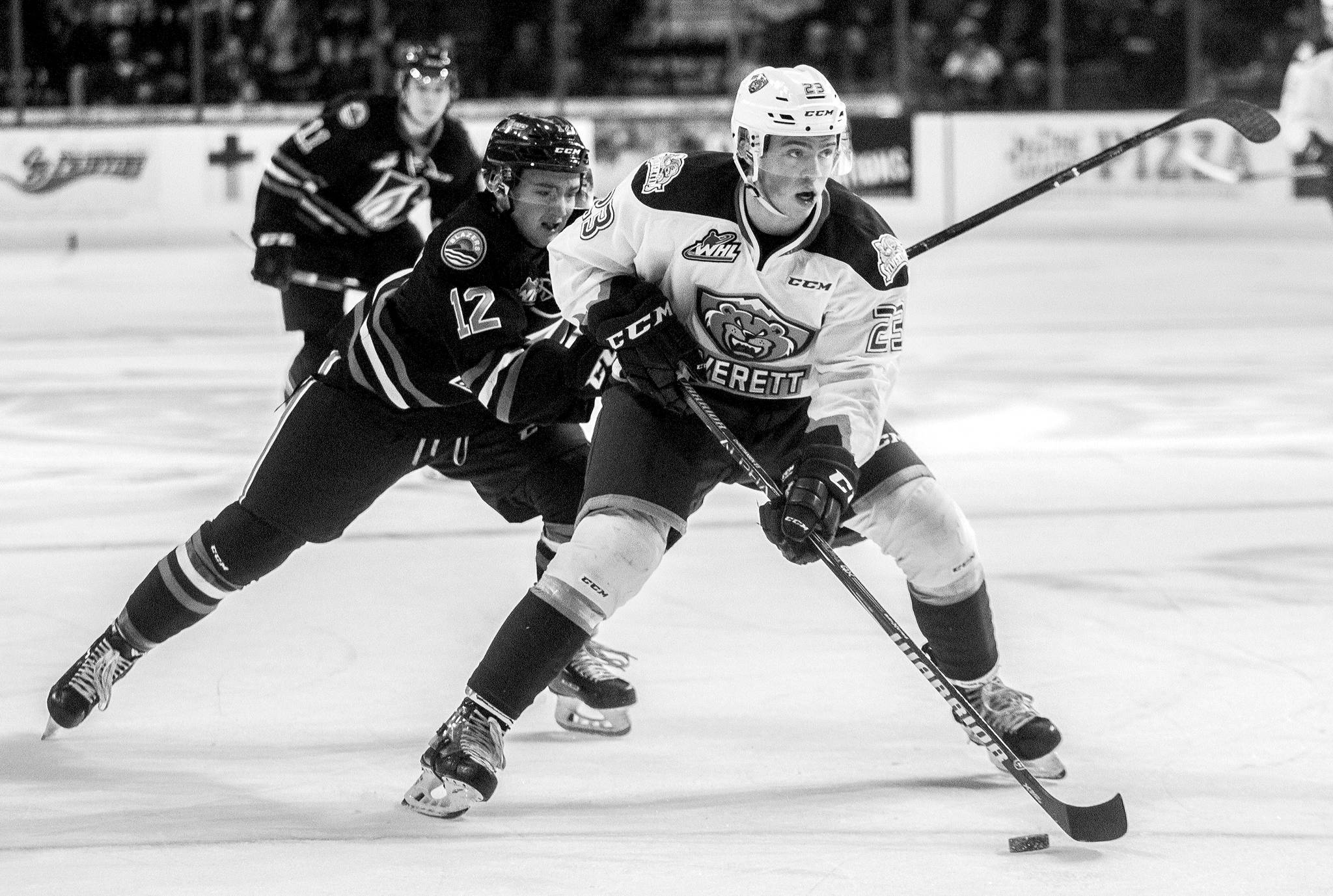 Olivia Vanni / The Herald                                Everett’s Jake Christiansen, shown in a game last season, scored twice Sunday to tie the single-season franchise record for goals by a defenseman.