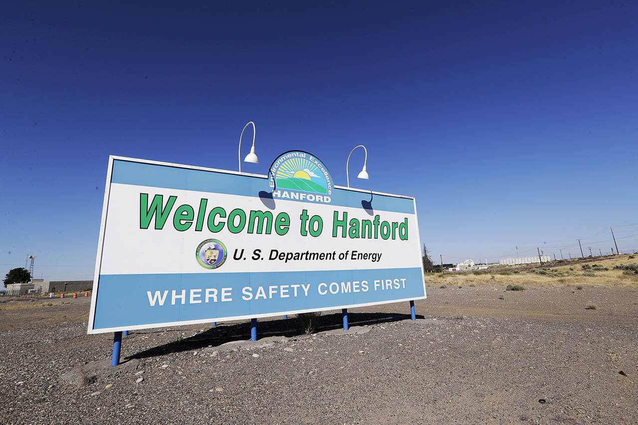 This 2019 photo shows a “Welcome” sign at the Hanford Nuclear Reservation near Richland. (AP Photo/Elaine Thompson, File)