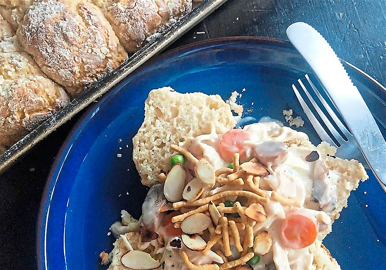 Creamed chicken over biscuits is classic comfort food. (Gretchen McKay / Pittsburgh Post-Gazette)