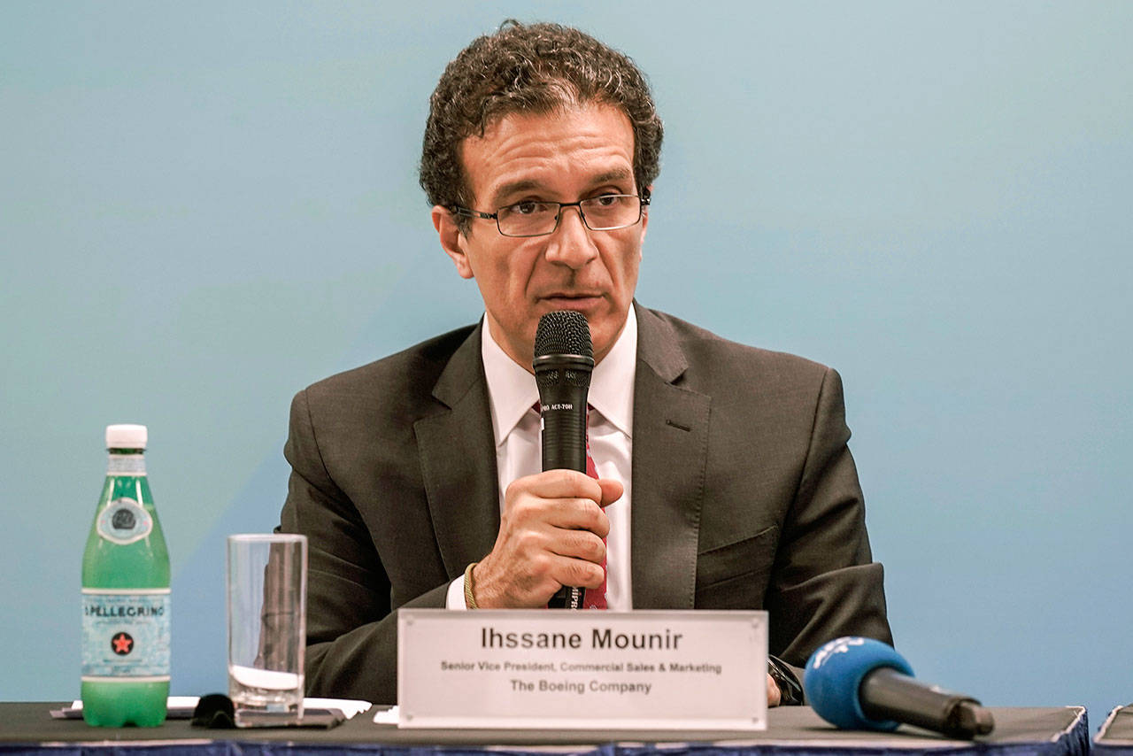 Ihssane Mounir, senior vice president of commercial sales and marketing of the Boeing Co., speaks to the media during a press conference at the Singapore Airshow in Singapore on Tuesday. (AP Photo/Danial Hakim)