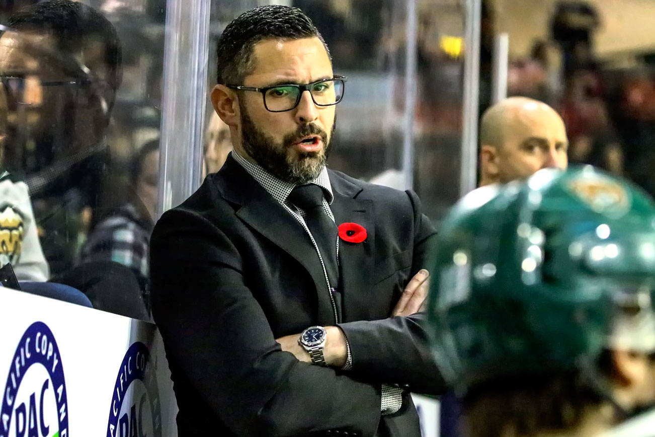 Dennis Williams, head coach of the Everett Silvertips, during the game against the Saskatoon Blades at Angel of the Winds Arena in Everett on November 22, 2019. (Kevin Clark / The Herald)