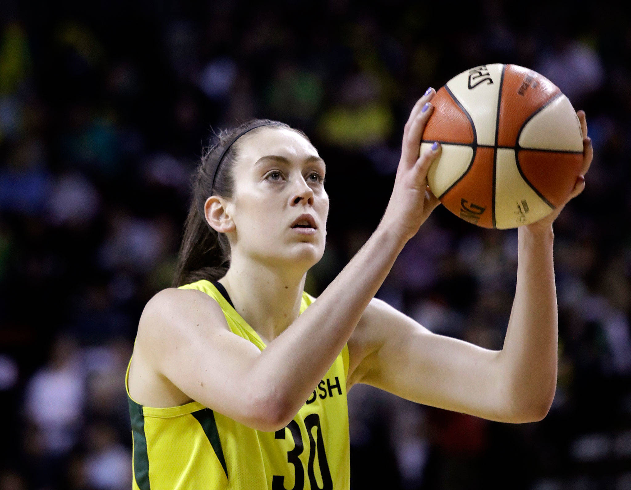The Seattle Storm re-signed Breanna Stewart Thursday after Stewart missed last season due to a ruptured Achilles tendon. (AP Photo/Elaine Thompson)
