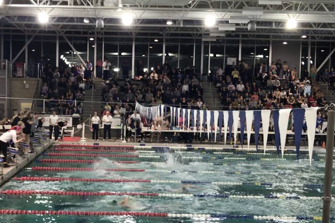 Swimmers race to the finish during the Class 3A Northwest District finals Saturday at Snohomish Aquatic Center. (Cameron Van Til / The Herald)