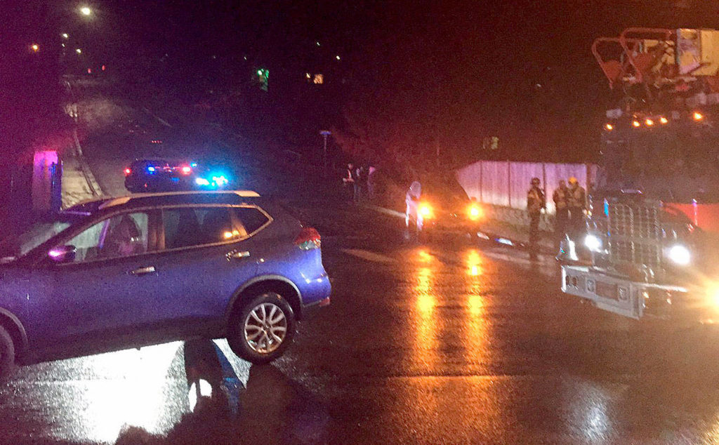 Two cars crashed Saturday night at 176th Street SW. and Olympic View Drive in Lynnwood. A driver was arrested for investigation of DUI. (Lynnwood Police Department) 
