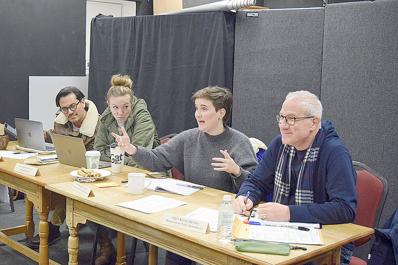 Actors auditioning for the Island Shakespeare Festival performed before directors including, from left to right, Santiago Sosa, Olena Hodges, Erin Murray and Scott Kaiser. (Photo by Patricia Guthrie)