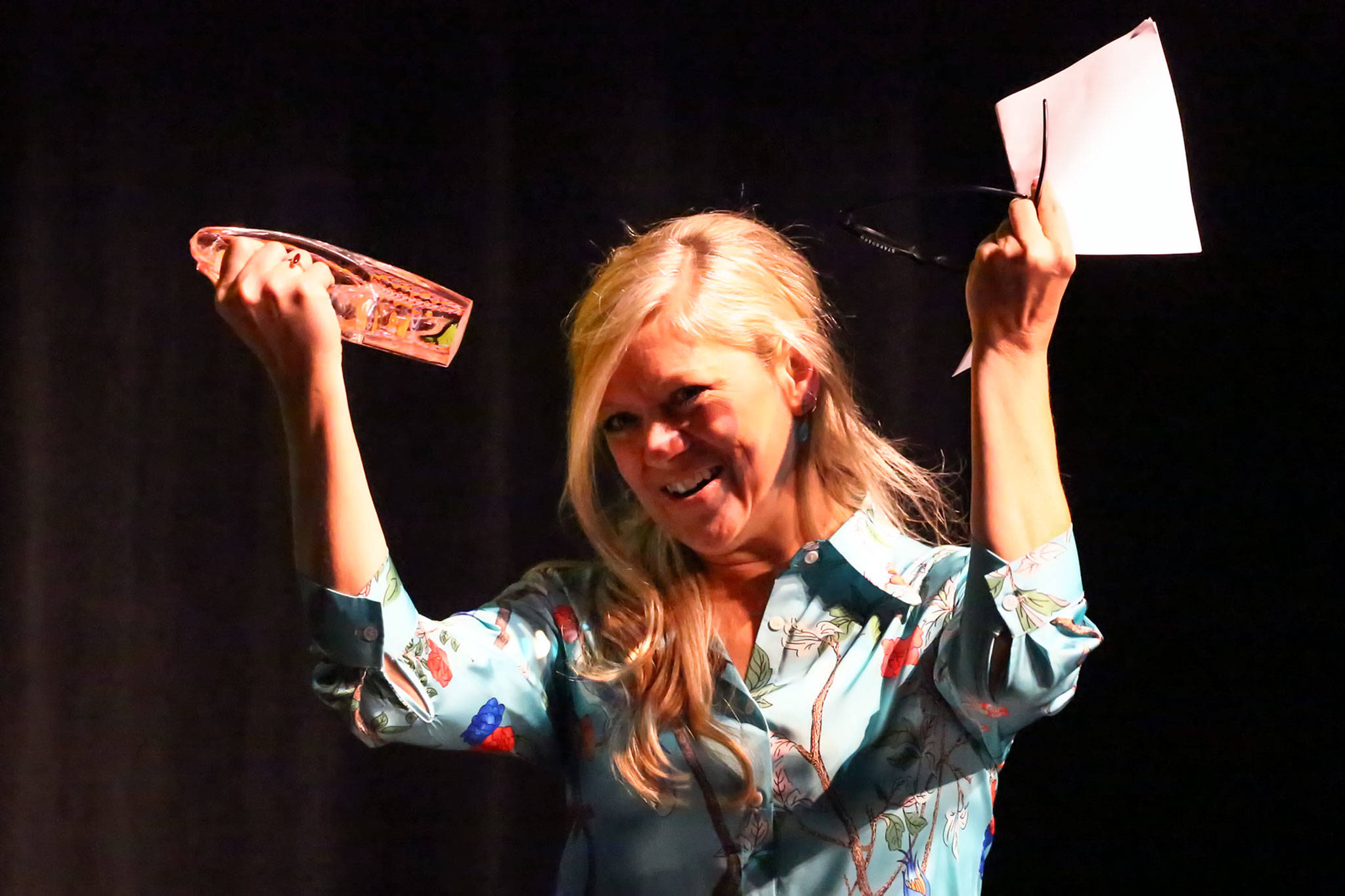 Wendy Poischbeg acknowledges the audience at the 27th annual Wendt and Mayor’s Arts Awards on Feb. 13 at the Everett Performing Arts Center. (Kevin Clark / The Herald)