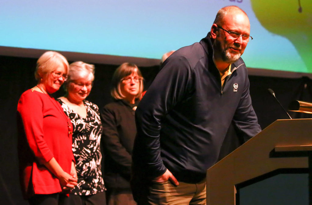 Trevor Cameron speaks for Evergreen Arboretum and Gardens, which won the Creative Placemaking honor at the Wendt and Mayor’s Arts Awards. (Kevin Clark / The Herald)
