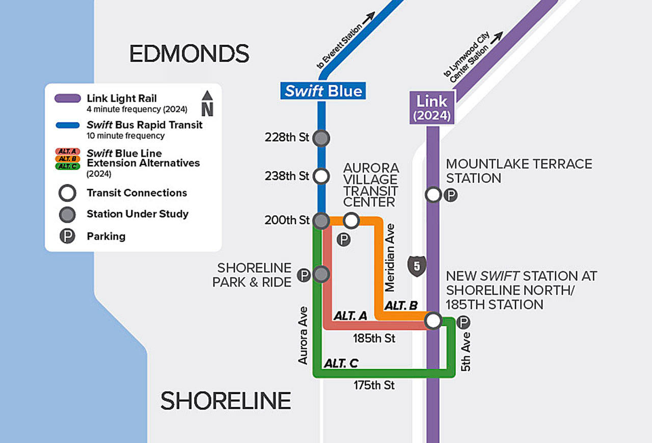 Community Transit wants to know the preferred route for it to extend Swift Blue Line bus rapid transit service to the Sound Transit Link light rail station on N. 185th Street in Shoreline in 2024. (Community Transit)