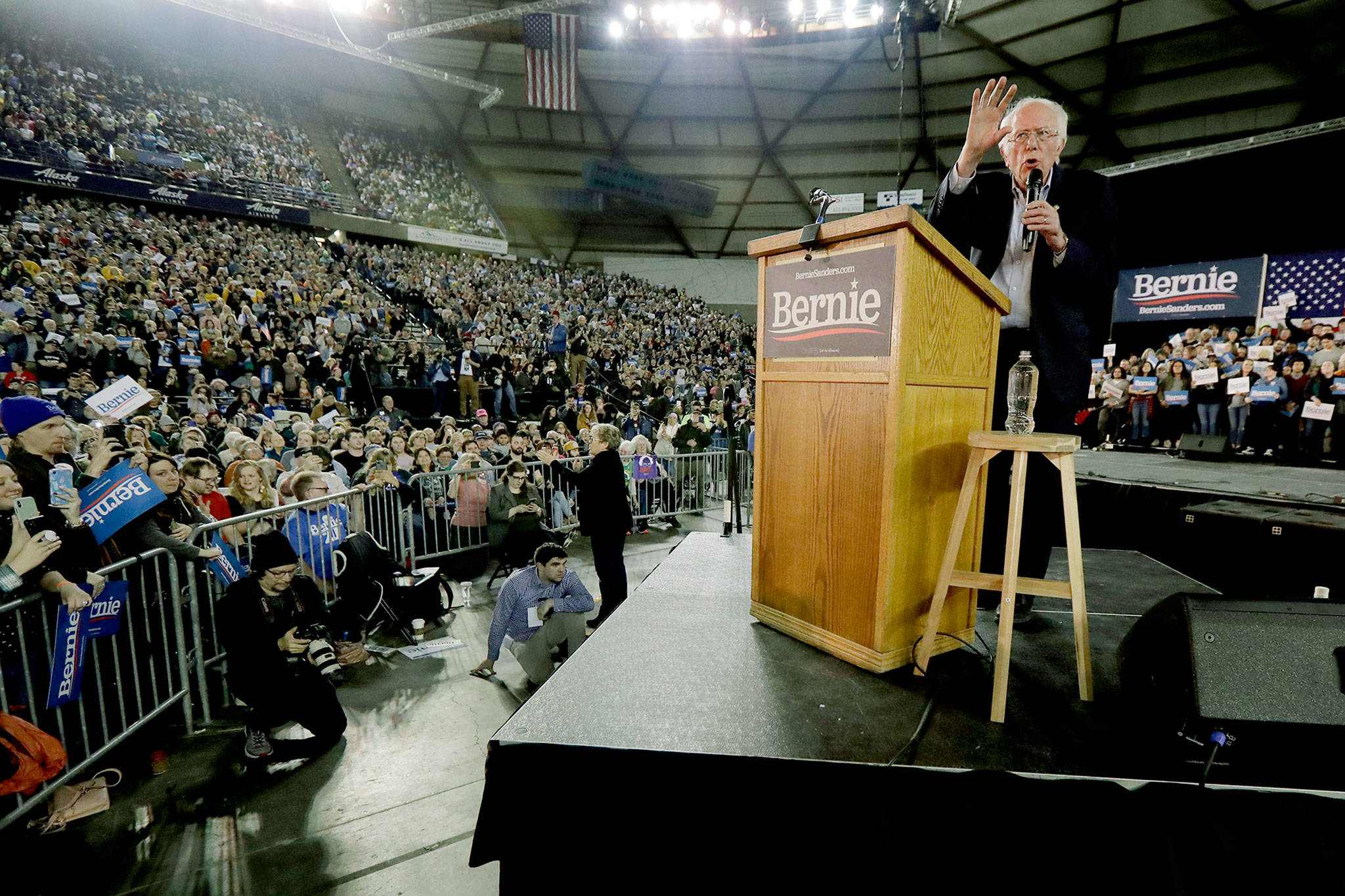 Democratic presidential candidate Sen. Bernie Sanders, I-Vermont, speaks at a campaign event in Tacoma on Monday. (AP Photo/Ted S. Warren)