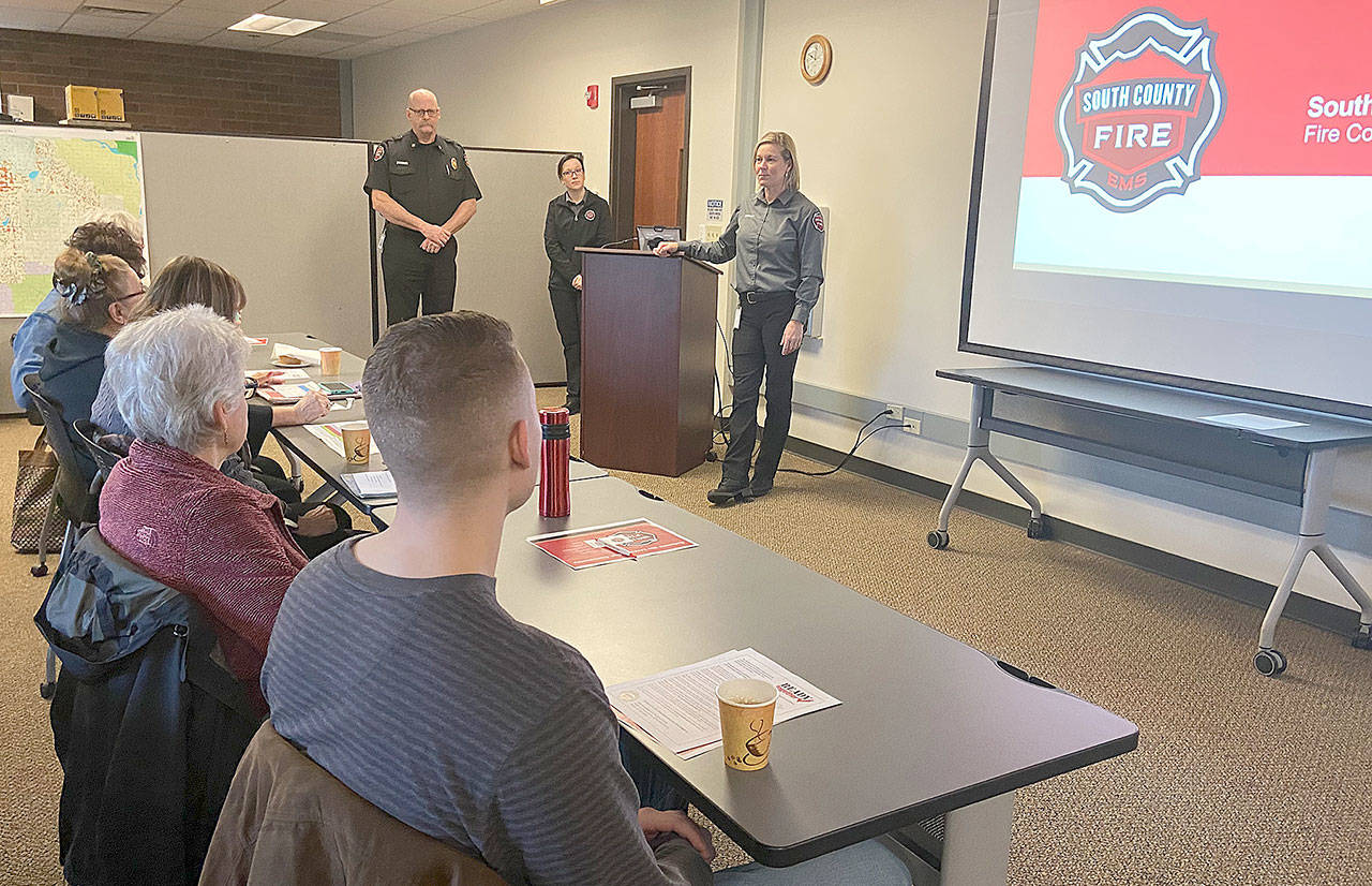 South County Fire Assistant Chief Kevin Zweber, public educator Jennye Cooper and community outreach manager Shawneri Guzman welcome Fire Corps volunteers Robin Boyer, Chris Hayes, Nickita “Nick” Tucker, Judy Underhill and Merle Wong to a recent orientation session. (South County Fire)