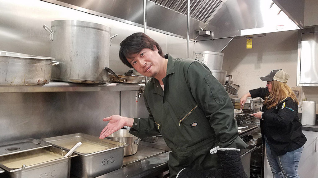 Japanese chef Yuji Kurokawa had to adapt his chowder recipe with ingredients he could find locally for the Edmonds competition. (Sharon Salyer / The Herald)
