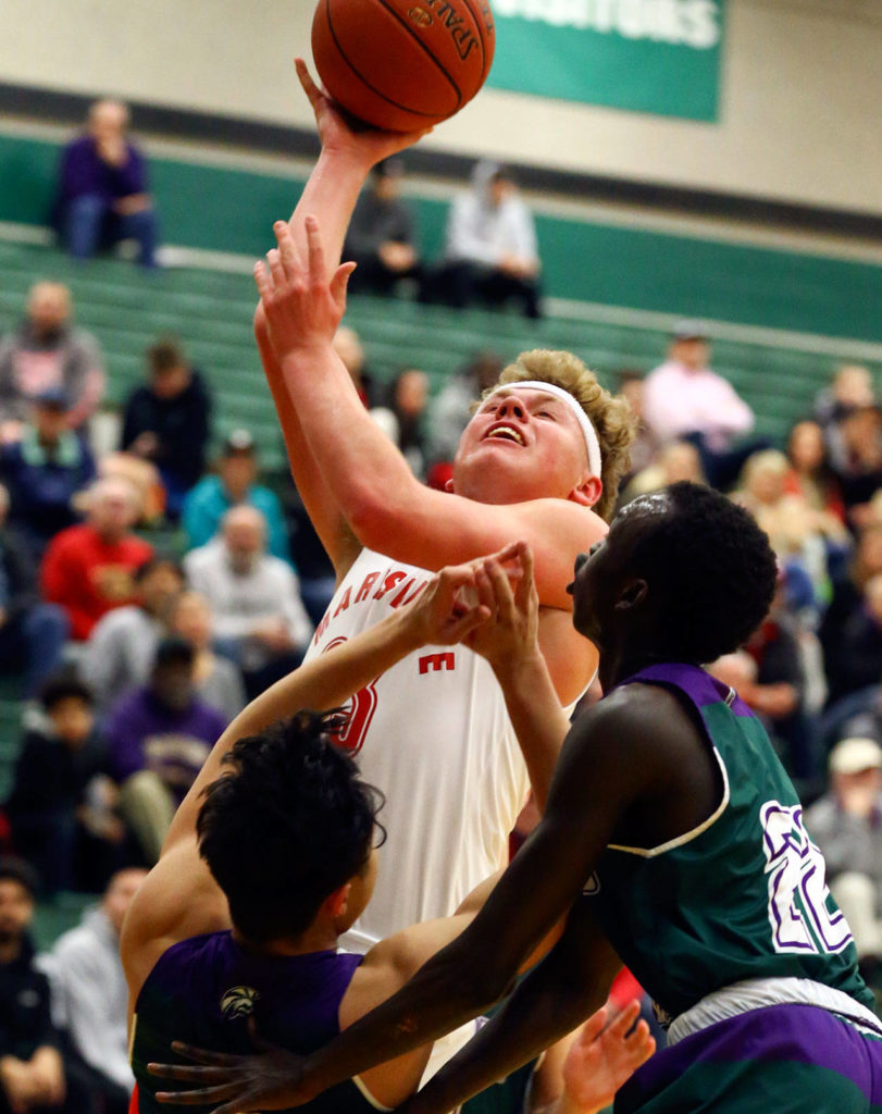 Marysville Pilchuck defeated Edmonds-Woodway Wednesday evening to advance at Jackson High School in Mill Creek on February 19, 2020. (Kevin Clark / The Herald)
