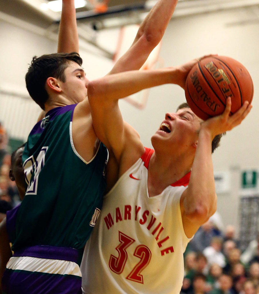 Marysville Pilchuck defeated Edmonds-Woodway Wednesday evening to advance at Jackson High School in Mill Creek on February 19, 2020. (Kevin Clark / The Herald)
