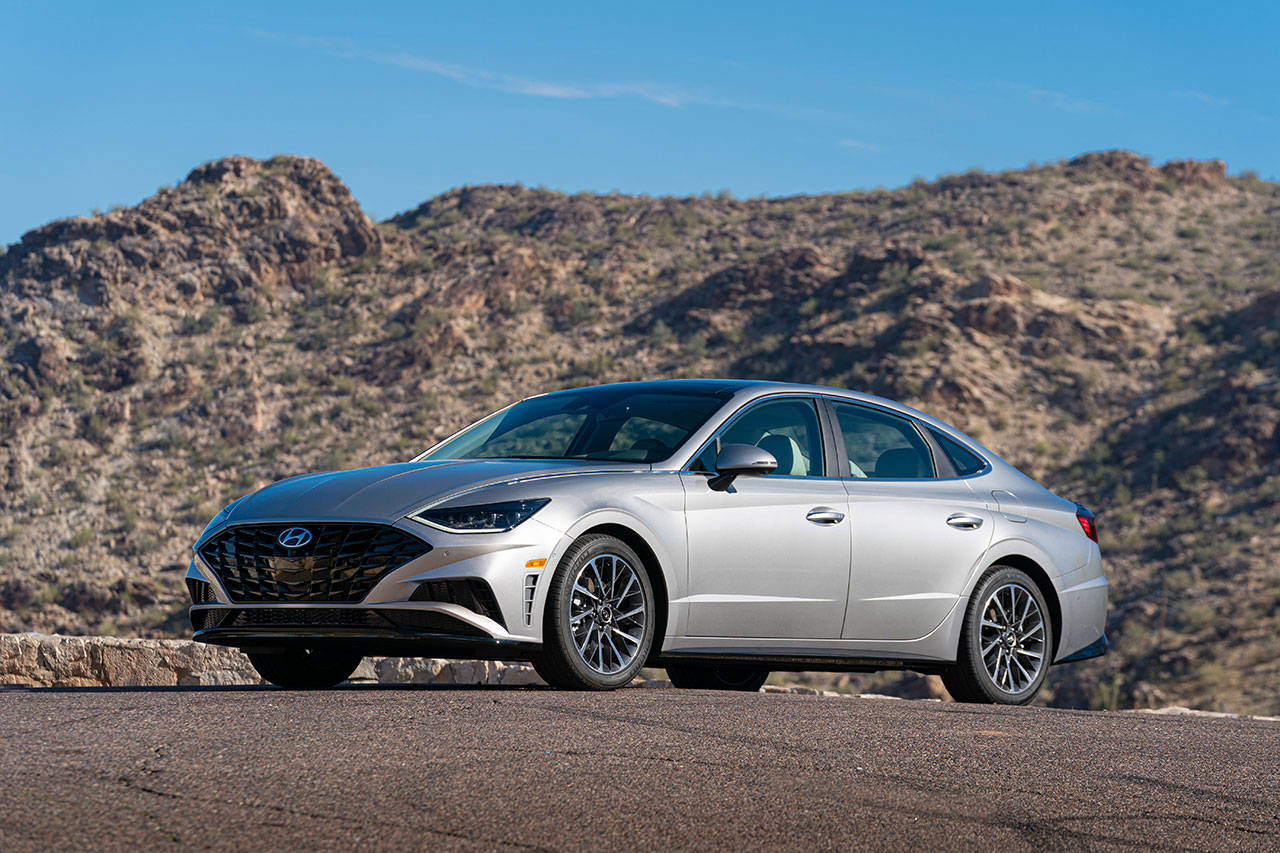 A redesign of Hyundai’s signature cascading grille adds to the bold new look of the 2020 Sonata midsize sedan. (Manufacturer photo)