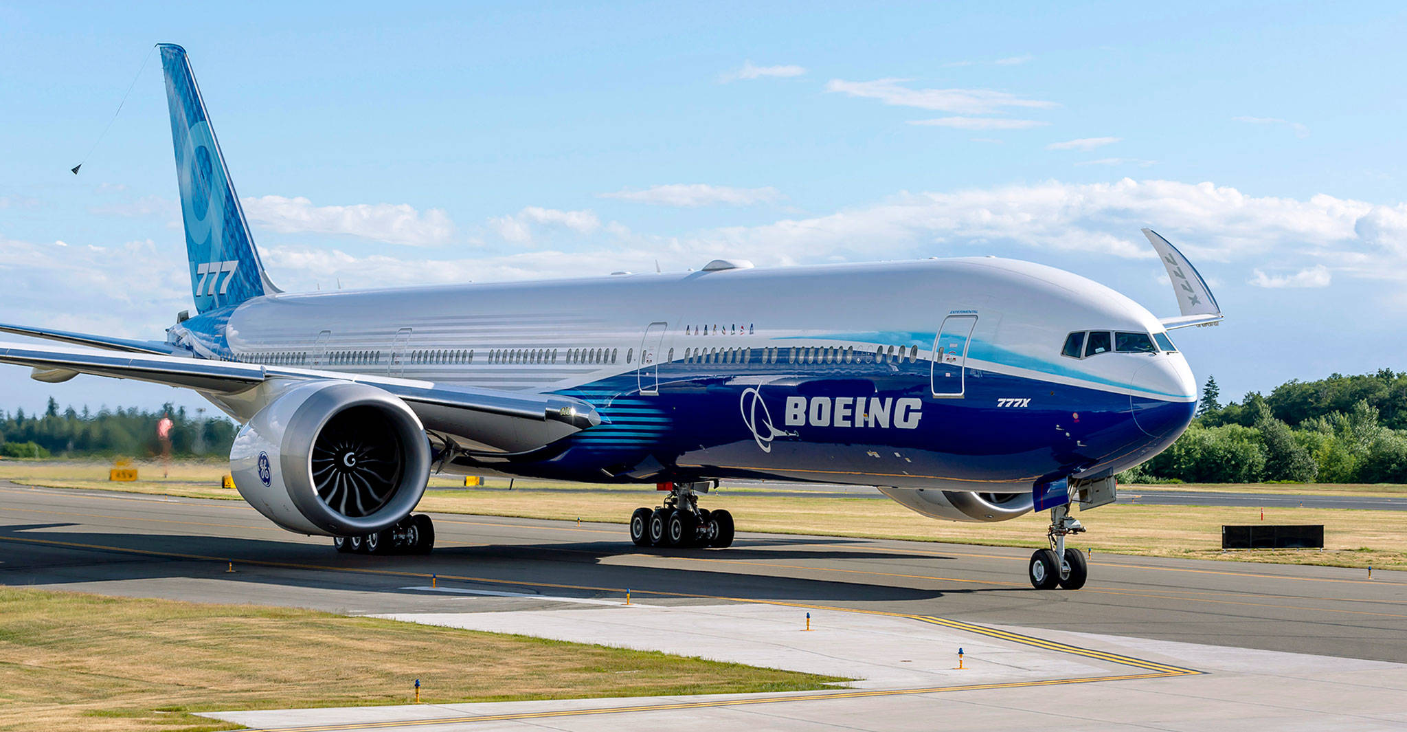 A Boeing 777X taxies on a runway during testing earlier this year. (Boeing Co.)