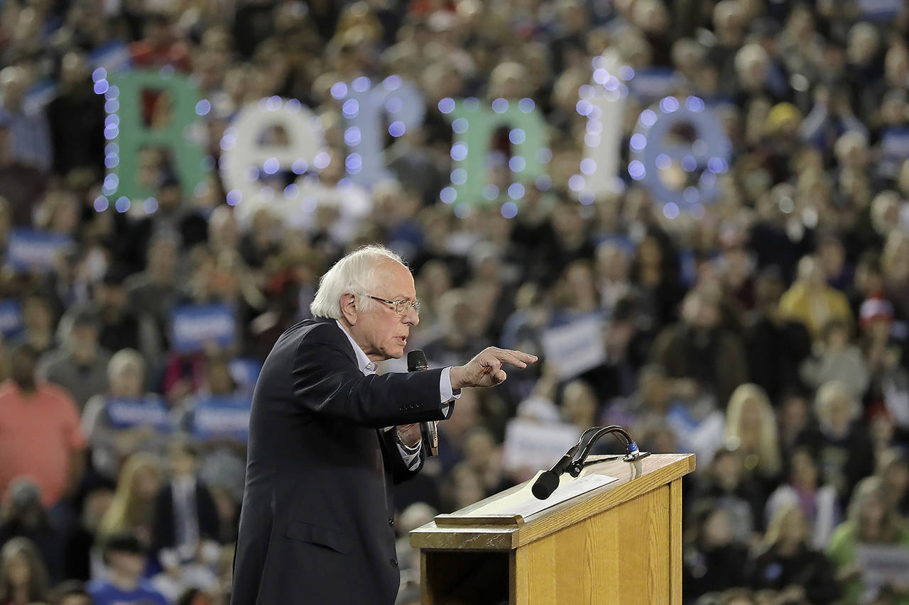 Democratic presidential candidate Sen. Bernie Sanders spoke at a campaign event in Tacoma on Feb. 17. (AP Photo/Ted S. Warren, file)