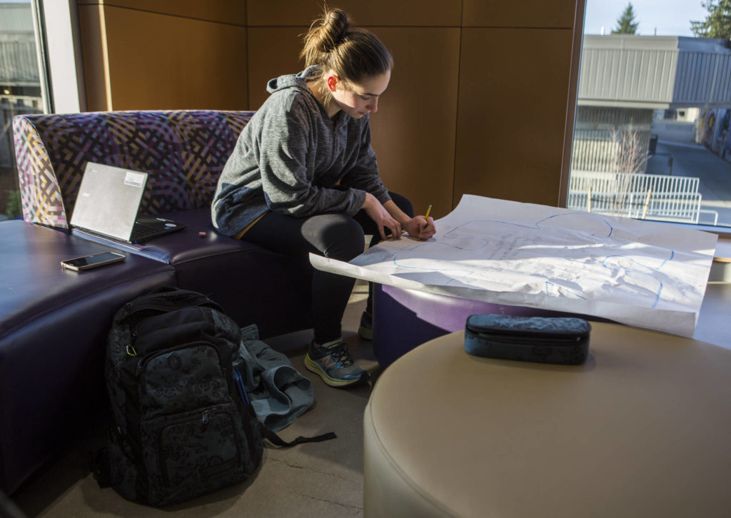 Julia Cohen, a junior at Lake Stevens High School, works on homework in one of the dozens of new alcoves with couches and tables for students to work or lounge. (Olivia Vanni / The Herald)

