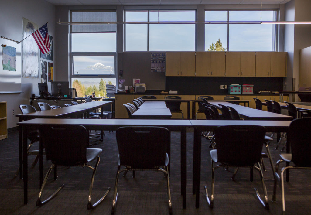 The Cascade Range is visible from one of the new classrooms at Lake Stevens High School on Thursday. (Olivia Vanni / The Herald)
