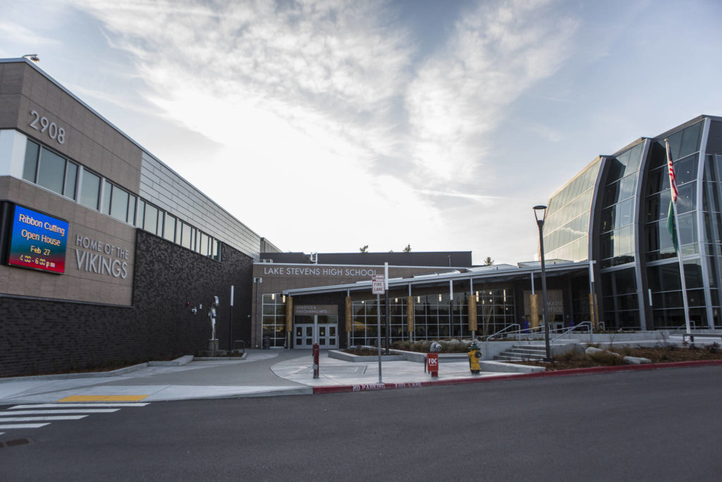 Outside of the updated building at Lake Stevens High School on Thursday. (Olivia Vanni / The Herald)
