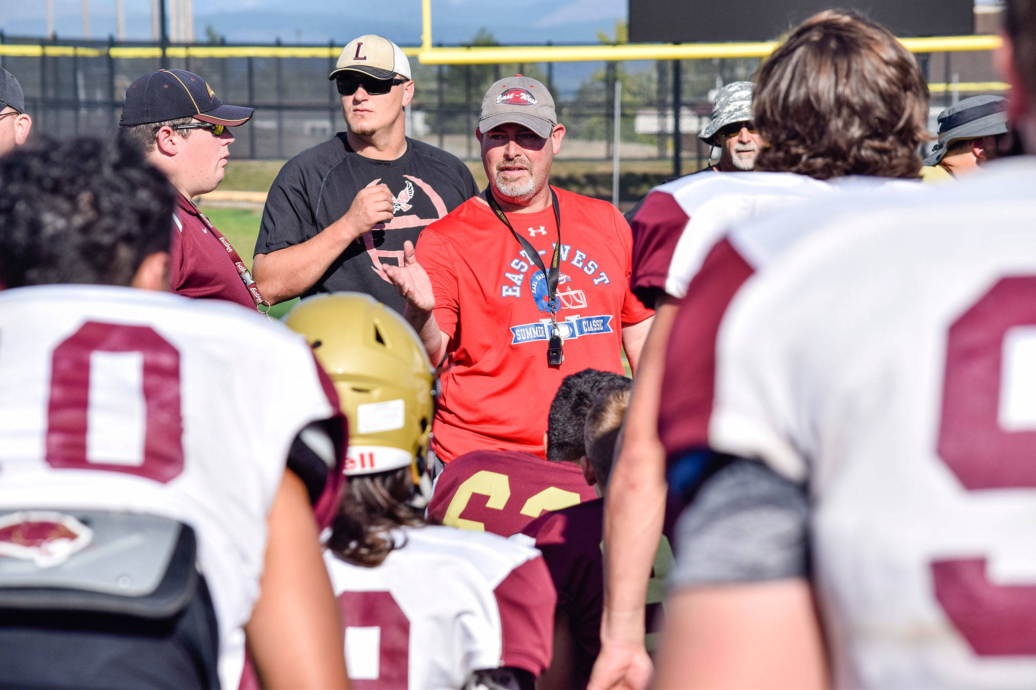 Lakewood head coach Dan Teeter reflects on the teams performance at the end of practice on Aug. 28, 2019, at Lakewood High School. Teeter was recently named the Cougars’ new head baseball coach. (Katie Webber / The Herald)