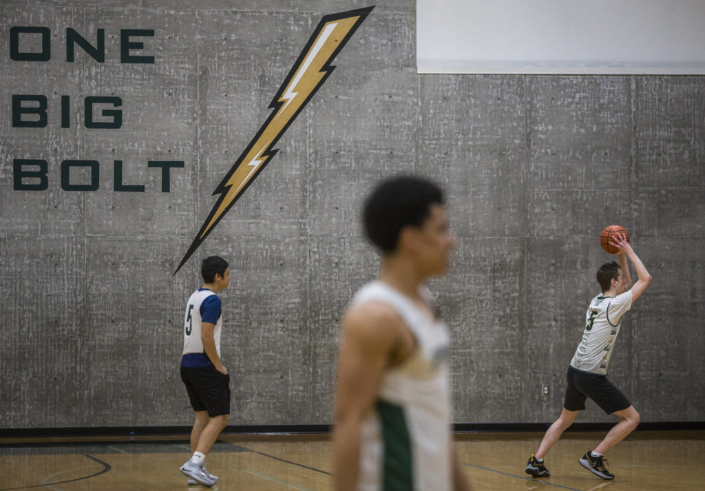 Players run through drills during practice on Wednesday, Feb. 26, 2020 in Marysville, Wash. (Olivia Vanni / The Herald)

