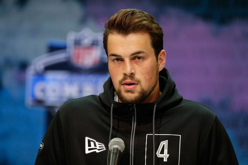 Washington quarterback Jacob Eason, a Lake Stevens High School alum, speaks during a press conference at the NFL combine on Feb. 25, 2020, in Indianapolis. (AP Photo/Michael Conroy)
