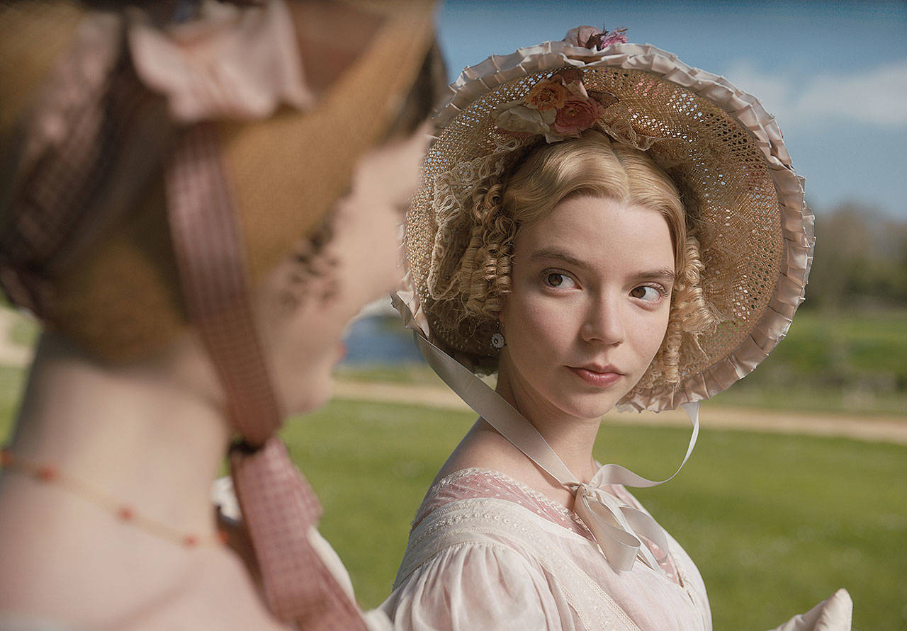 Anya Taylor-Joy (right) plays the title matchmaker, who tries to find a mate for Harriet (Mia Goth) in “Emma.” (Focus Features)