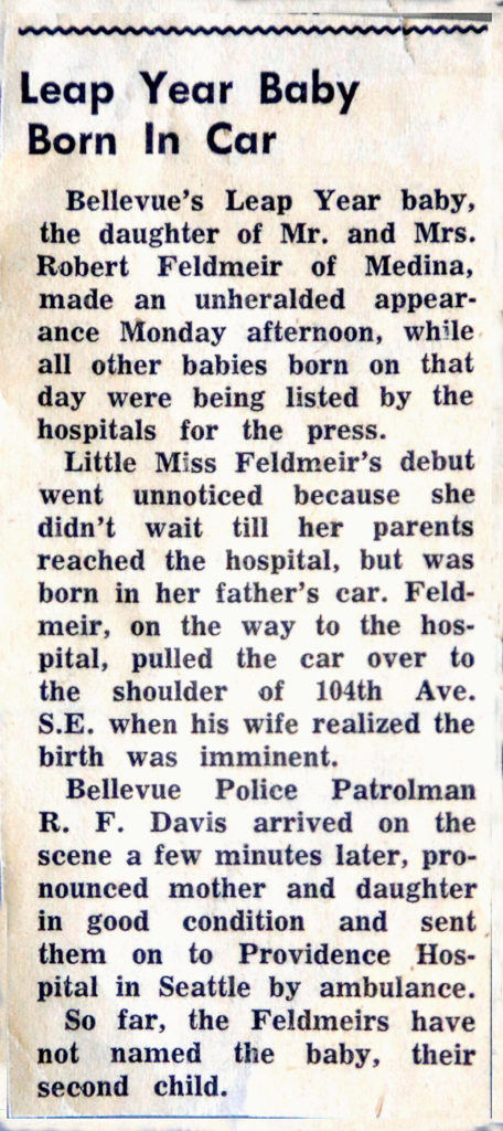Diane Grosseneacher’s parents, Robert and Jan Feldmeir, saved this brief article about their daughter’s 1960 arrival on leap day.
