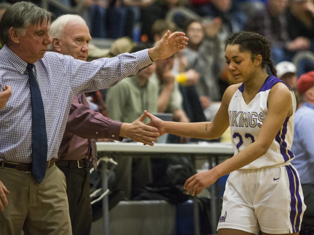 Lake Stevens’ Raigan Reed begins to cry after fouling out of the game against Camas on Saturday, Feb. 29, 2020 in Shoreline, Wa. (Olivia Vanni / The Herald)
