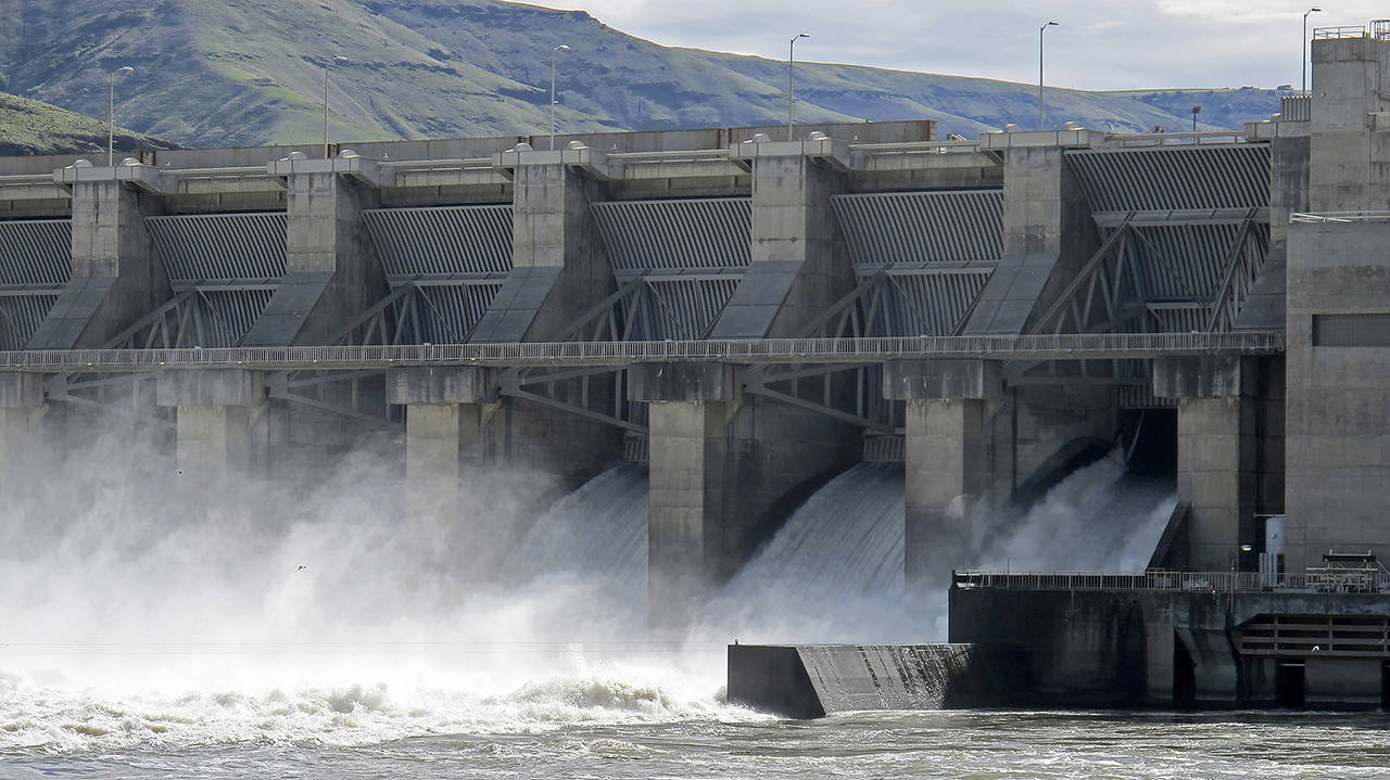 In this April 2018 photo, water moves through a spillway of the Lower Granite Dam on the Snake River near Almota. (AP Photo/Nicholas K. Geranios,File)
