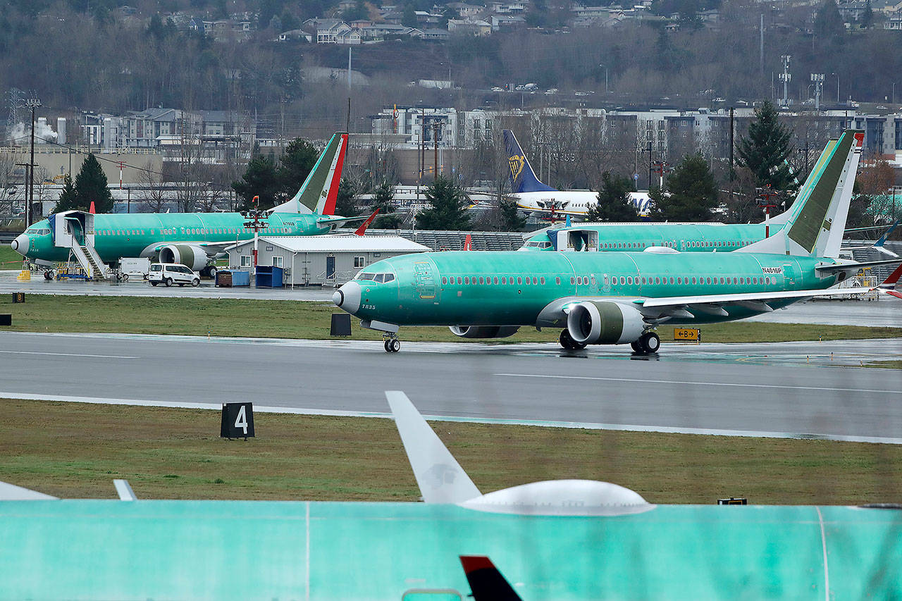 In this 2019 photo, a Boeing 737 Max airplane being built for Norwegian Air International taxis for a test flight at Renton Municipal Airport in Renton. (AP Photo/Ted S. Warren, File)