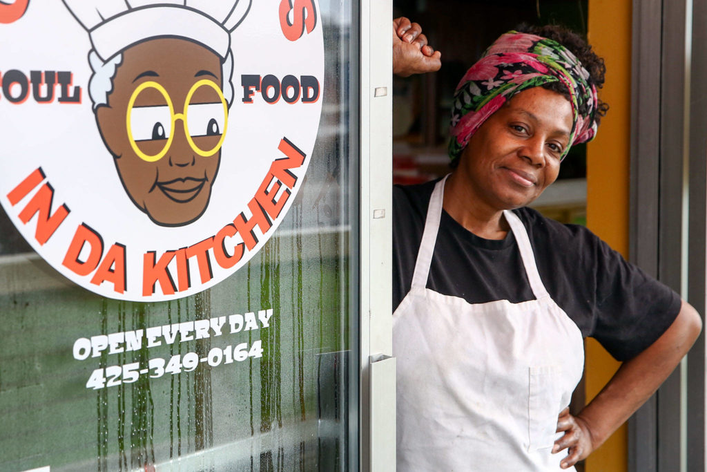 Sharon Tolbert is a new business owner, bringing her soul food and Southern-style comfort food to Everett at Grandma’s in da Kitchen on West Marine View Drive. (Kevin Clark / The Herald)
