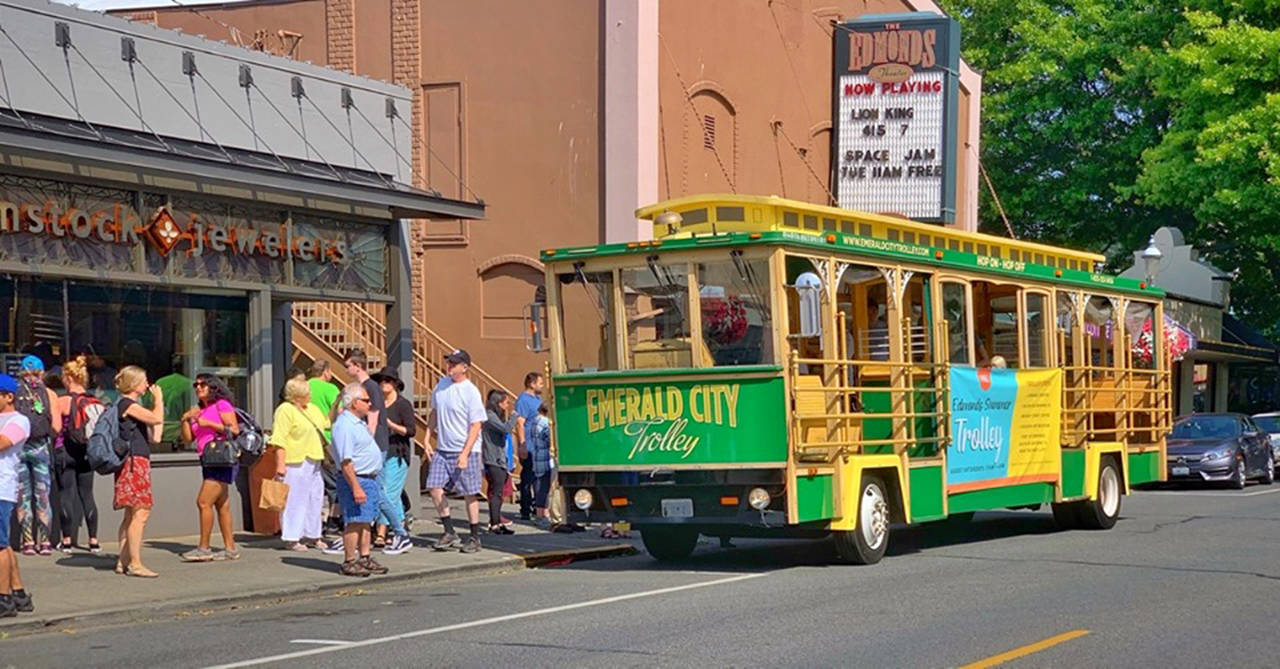 This 2019 photo shows the free trolley in Edmonds taking visitors through downtown and to the waterfront. (Edmonds Downtown Alliance)