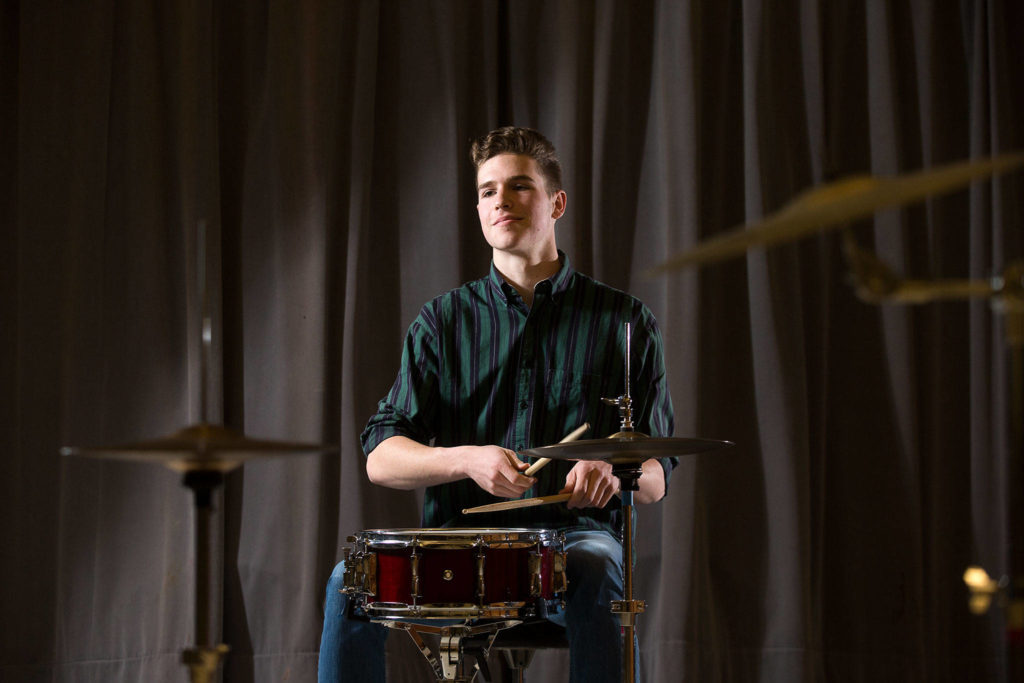 Mountlake Terrace senior Josh Setala, the “tall guy who plays drums,” has applied to study music at San Francisco Conservatory, the University of Washington and DePaul University in Chicago. (Andy Bronson / The Herald)
