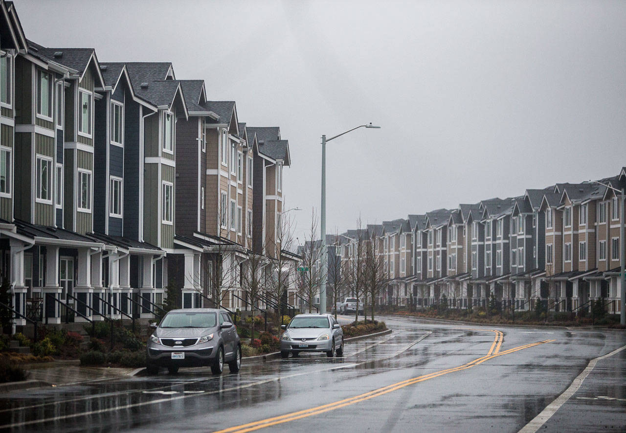 The Towns at Riverfront, built by Polygon Homes, in Everett are shown. (Olivia Vanni / The Herald)