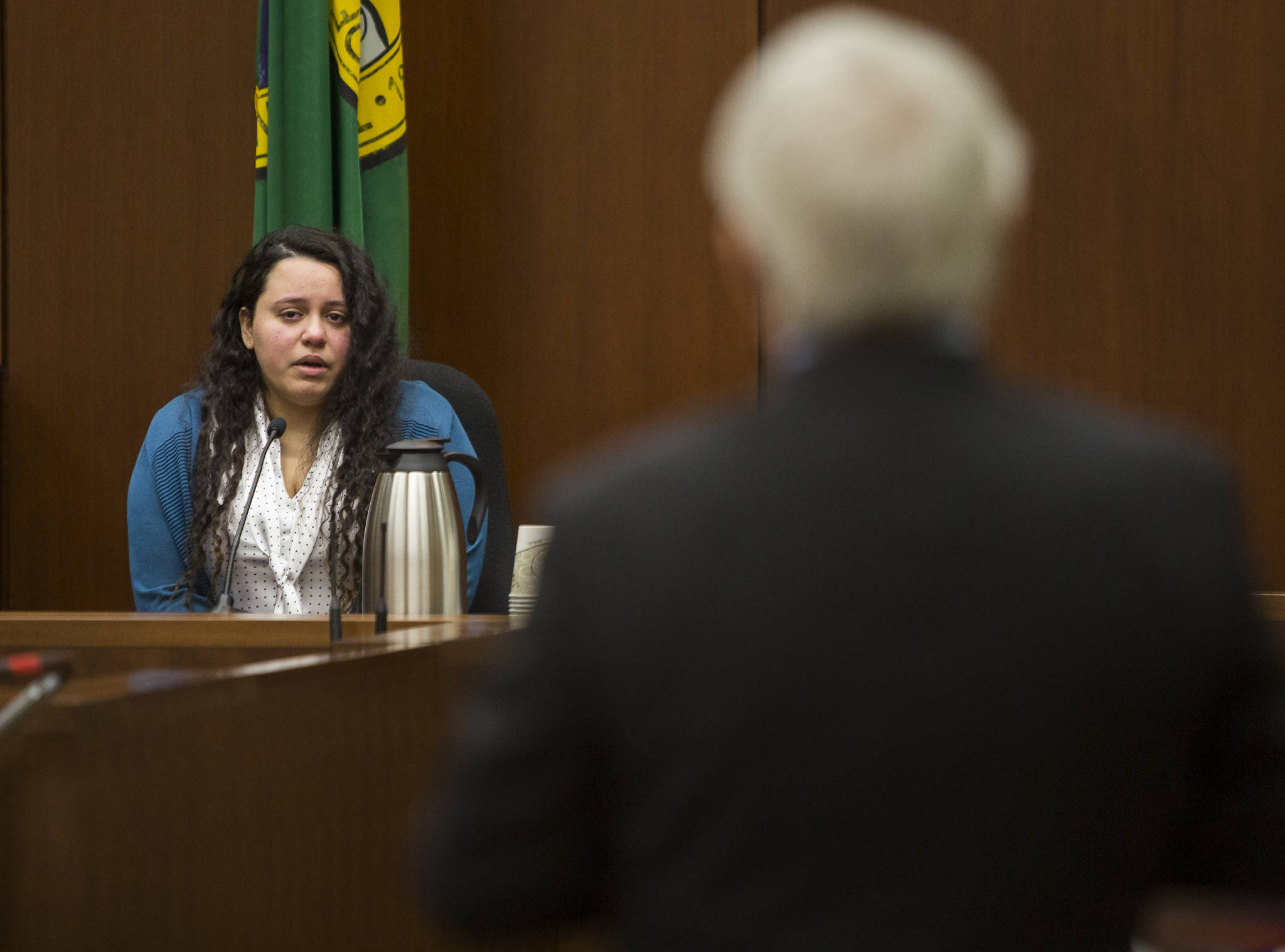 Lendsay Meza testifies during her double-murder trial at the Snohomish County Courthouse on Tuesday in Everett. (Olivia Vanni / The Herald)