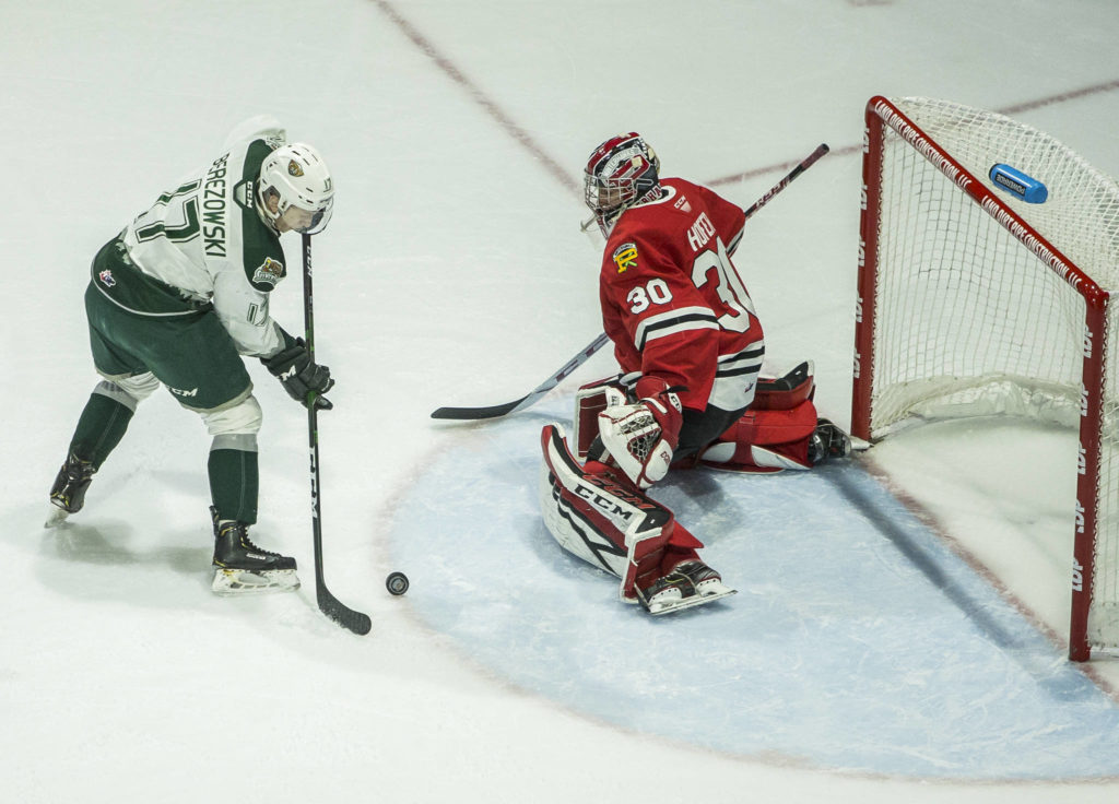 Silvertips’ Jackson Berezowski takes a shot on goal during the game against the Portland Winterhawks on Sunday, March 1, 2020 in Everett, Wa. (Olivia Vanni / The Herald)
