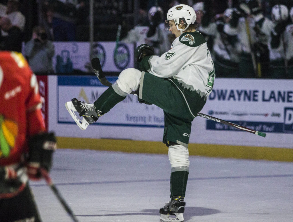 Silvertips’ Kasper Puutio celebrates after scoring during the game against the Portland Winterhawks on Sunday, March 1, 2020 in Everett, Wa. (Olivia Vanni / The Herald)
