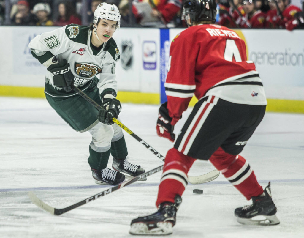 Silvertips’ Brendan Lee skates with the puck during the game against the Portland Winterhawks on Sunday, March 1, 2020 in Everett, Wa. (Olivia Vanni / The Herald)
