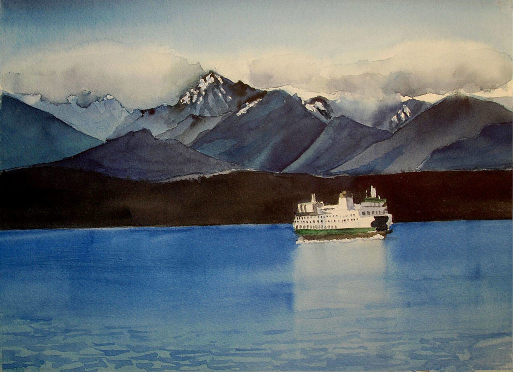 Mary Anderson’s watercolor painting “Crossing The Sound” depicts a ferry crossing and the Cascade Range.
