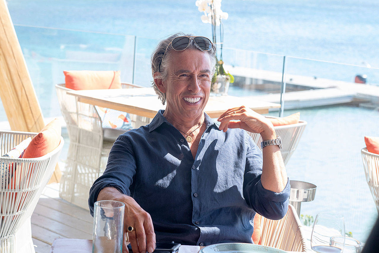 Steve Coogan’s costars include his perma-tan and garishly whitened teeth in “Greed.” (Sony Pictures Classics)