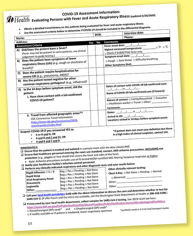 A COVID-19 assessment sheet for health-care providers, issued by the Washington State Department of Health.