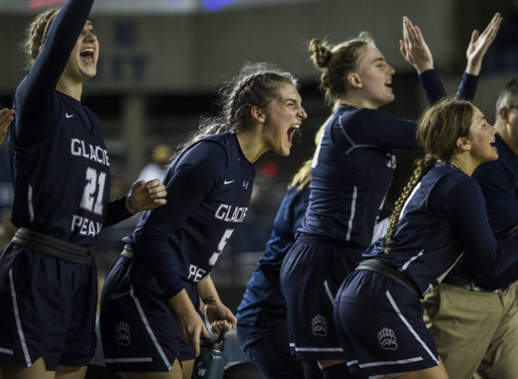 Glacier Peak’s Shaylin Sande yells after a point is made during the quarterfinal game against Chiawana at the Hardwood Classic on Thursday, March 5, 2020 in Tacoma , Wa. (Olivia Vanni / The Herald)
