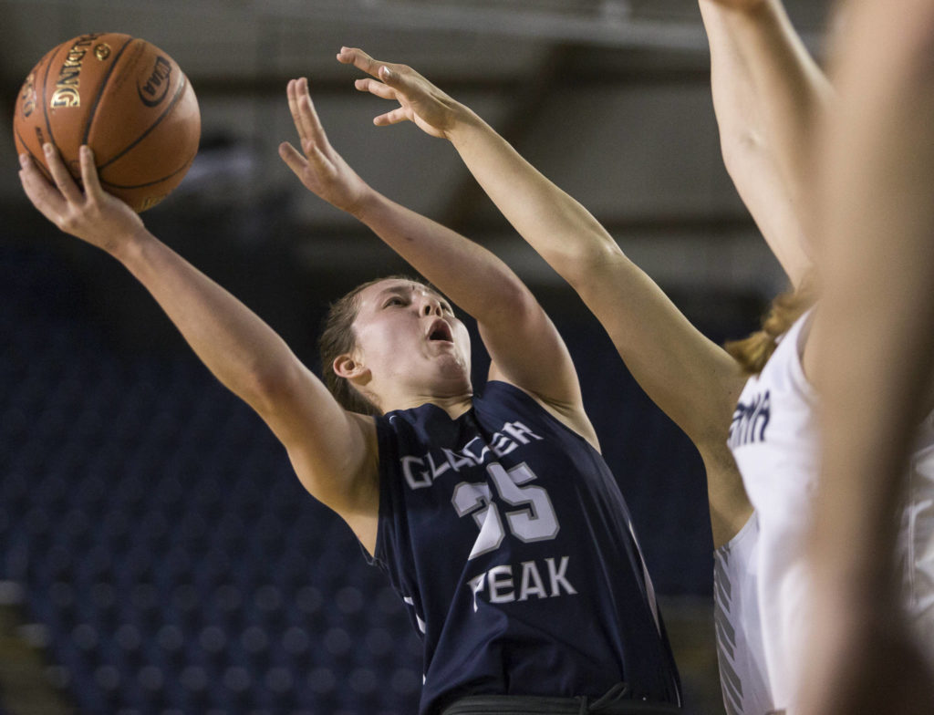 Glacier Peak’s Maya Erling attempts a layup during the quarterfinal game against Chiawana at the Hardwood Classic on Thursday, March 5, 2020 in Tacoma , Wa. (Olivia Vanni / The Herald)
