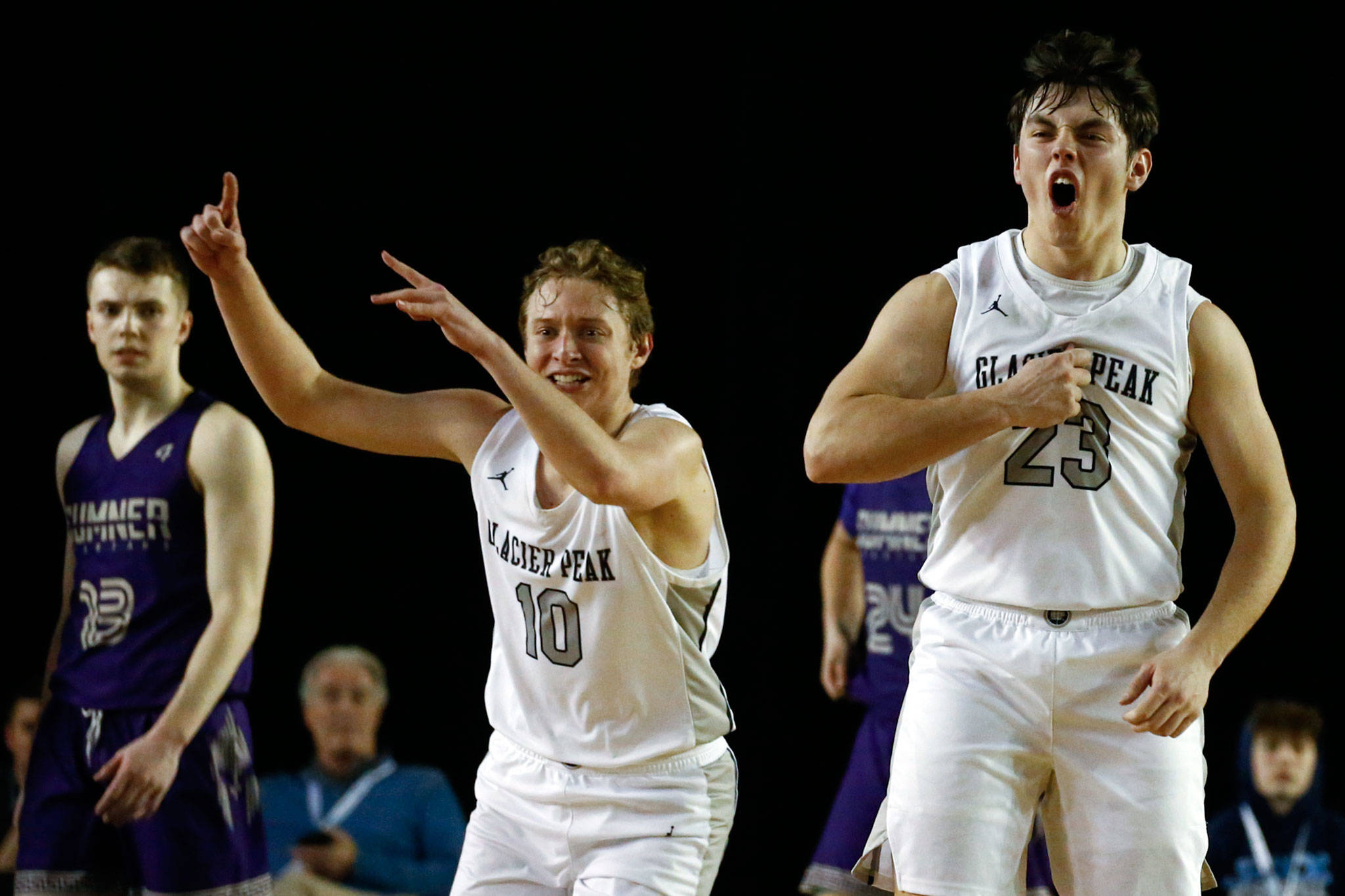 Glacier Peak defeated Sumner, 57-52, to advance to the semifinalsThursday evening at the Tacoma Dome on March 5, 2020. (Kevin Clark / The Herald)