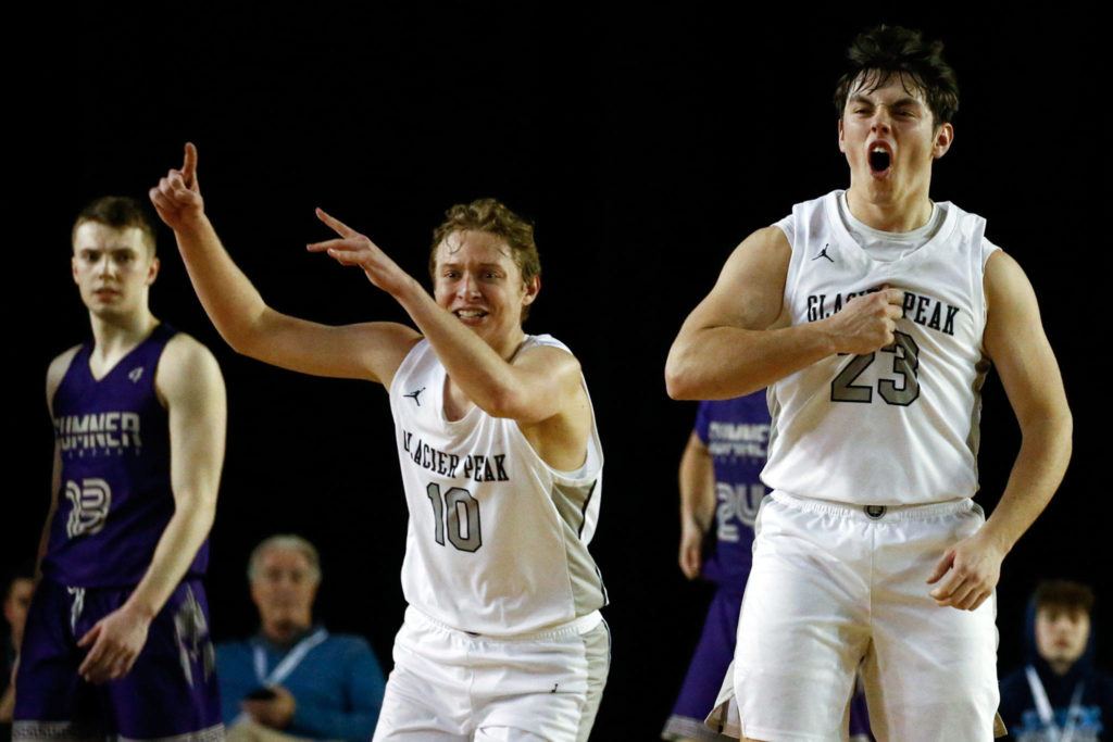 Glacier Peak defeated Sumner, 57-52, to advance to the semifinalsThursday evening at the Tacoma Dome on March 5, 2020. (Kevin Clark / The Herald)
